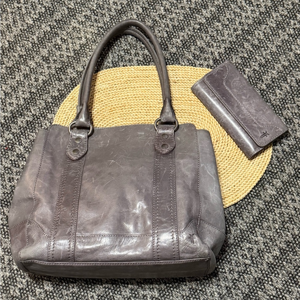 Frye Melissa Purse & Wallet Gray Leather Tote Handbag set